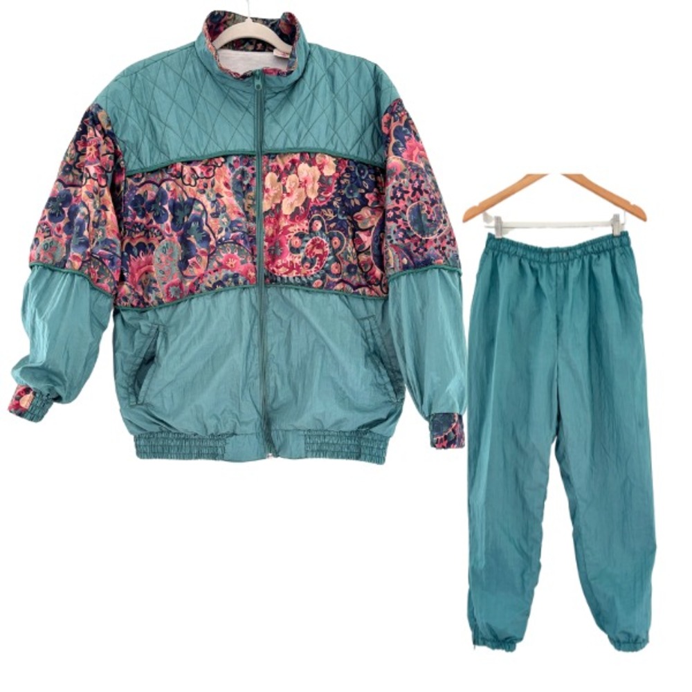 Vintage Women's Size Large Track Suit Quilted Floral Teal Golden Girls Era